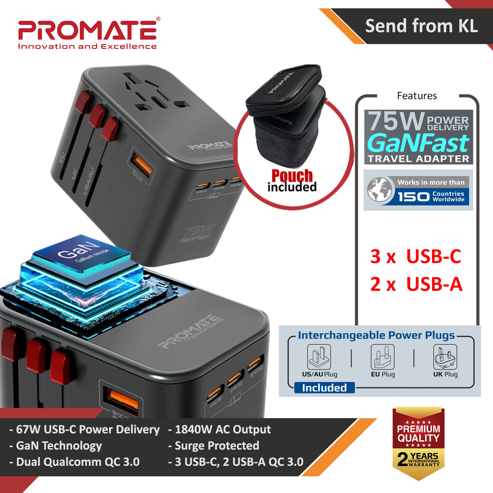 Picture of Promate 75W Power Delivery GaN Fast Universal Travel Adapter Charger with 3 USB C Port 2 USB QC 3.0 Smart Charging Surge Protected Charger (Black) Red Design- Red Design Cases, Red Design Covers, iPad Cases and a wide selection of Red Design Accessories in Malaysia, Sabah, Sarawak and Singapore 