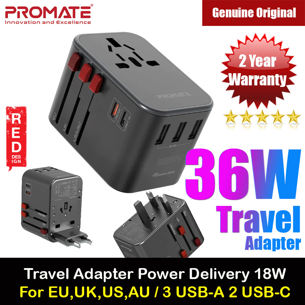 Picture of Promate Smart Charging Surge Protected Universal Travel Adapter Charger with USB C Port 18W Total Output 36W Red Design- Red Design Cases, Red Design Covers, iPad Cases and a wide selection of Red Design Accessories in Malaysia, Sabah, Sarawak and Singapore 