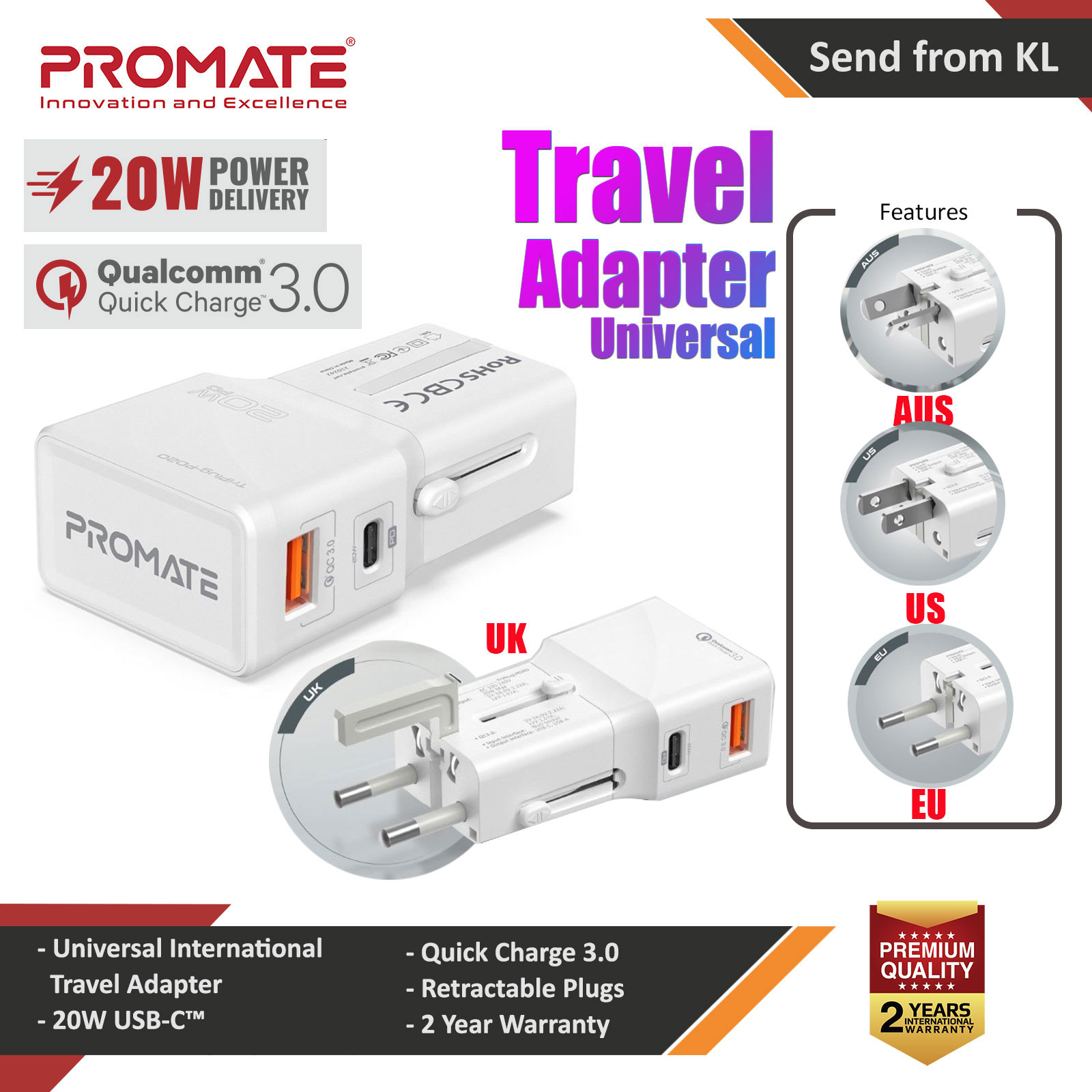 Picture of Promate Universal Travel Adapter Compact Lightweight Mini 20WPD Power Delivery Qualcomm QC3.0 Port Smart IC Travel Adapter (White) Red Design- Red Design Cases, Red Design Covers, iPad Cases and a wide selection of Red Design Accessories in Malaysia, Sabah, Sarawak and Singapore 