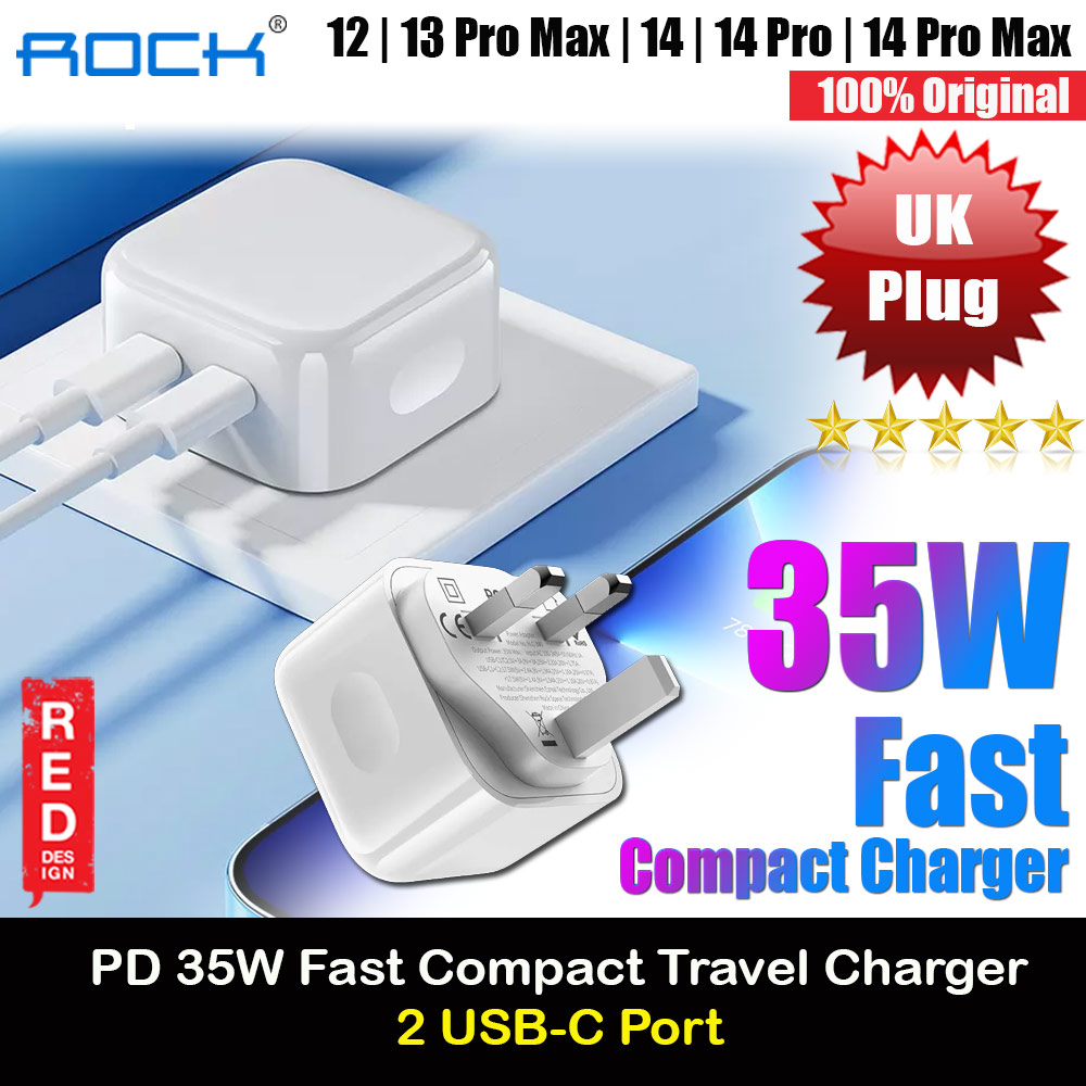 Picture of Rock Dual Port USB C PD 35W Compact Travel Charger Super Charge for IOS Android Samsung iPhone 13 Pro Max 12 Pro Max 13 Pro Max 14 Pro Max (White UK Plug) Red Design- Red Design Cases, Red Design Covers, iPad Cases and a wide selection of Red Design Accessories in Malaysia, Sabah, Sarawak and Singapore 