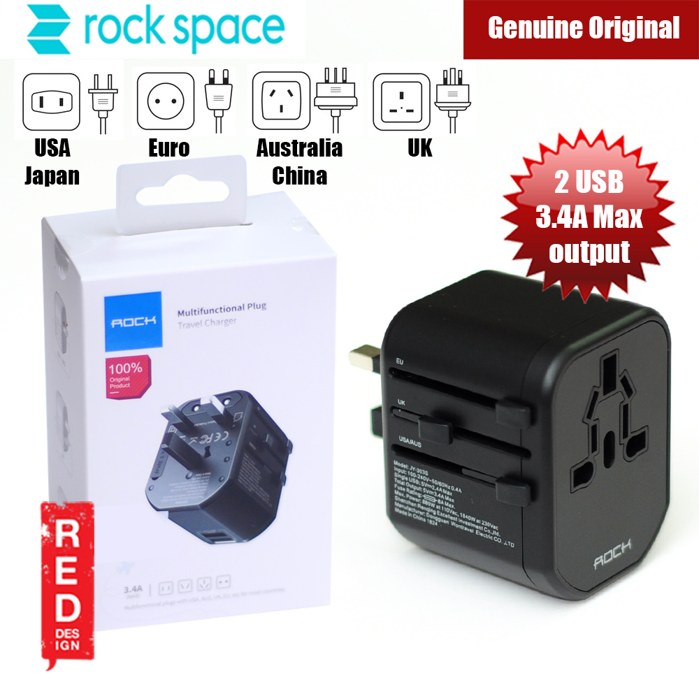 Picture of Rock Multifunctional Plug Travel Charger with 2 USB 3.4A Max Output (Black) Red Design- Red Design Cases, Red Design Covers, iPad Cases and a wide selection of Red Design Accessories in Malaysia, Sabah, Sarawak and Singapore 