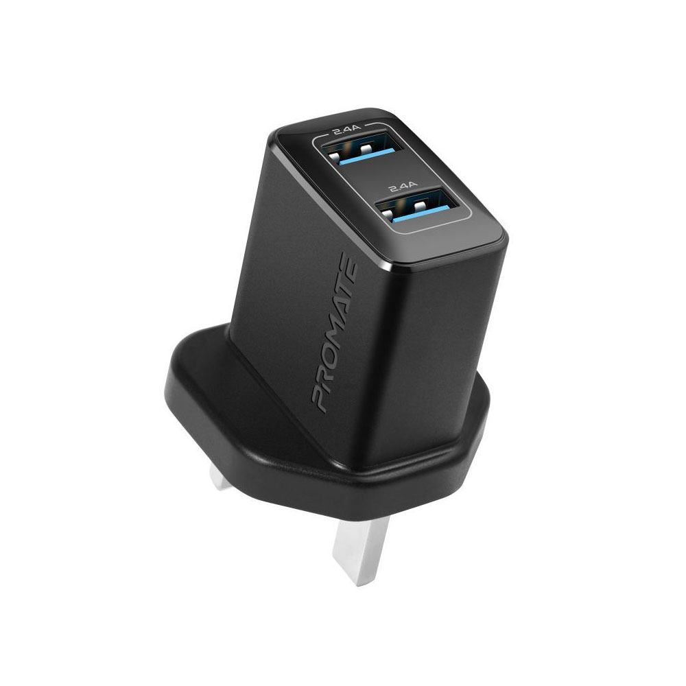 Picture of Promate 12W Dual Port Charger 2.4A Fast Charge USB-A Port Compact Design Charger (Black)