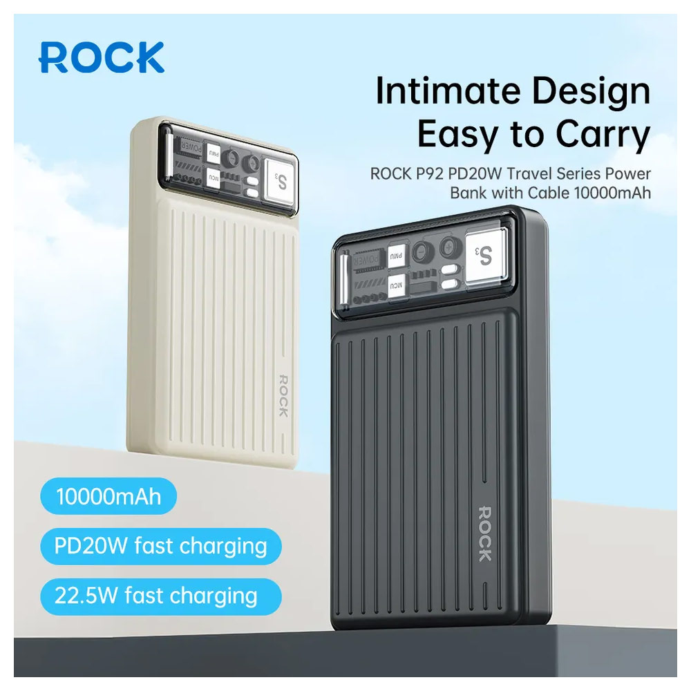Picture of Rock P92 Fast Charge PD 20W 10000mAh Travel Portable Small Palm Size Compact Mini Power Bank powerbank with Multiple Built in Cable USB C USB L (White Beige)