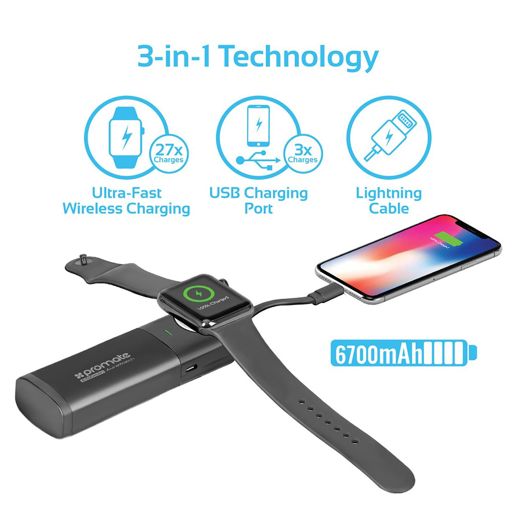 Picture of Promate Apple Watch Power Bank Charger, Apple MFi Certified 6700mAh Charger Battery Pack for Apple Watch with Built-In Lightning Cable and Ultra-Fast USB Port for Apple Watch 40mm 38mm 42mm 44mm Series 1 2 3 4 5 iPhone, Samsung, AuraWatch