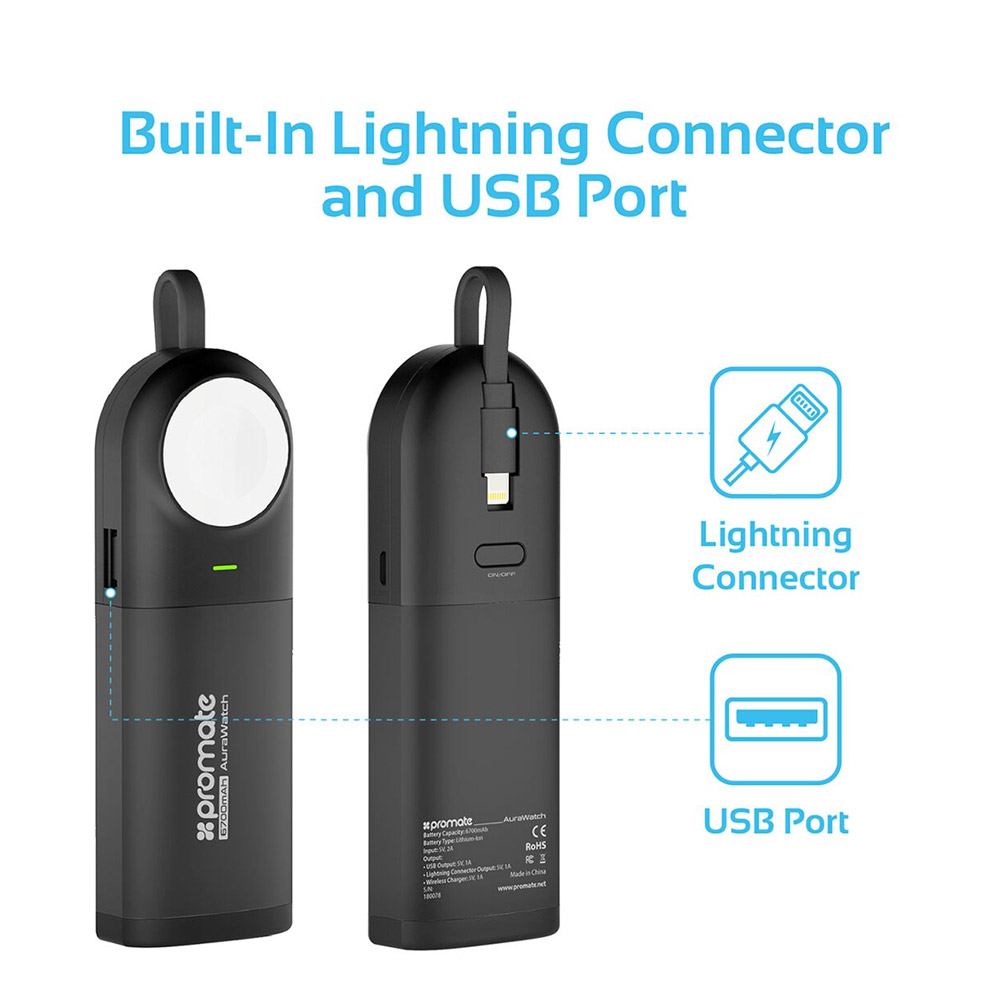 Picture of Promate Apple Watch Power Bank Charger, Apple MFi Certified 6700mAh Charger Battery Pack for Apple Watch with Built-In Lightning Cable and Ultra-Fast USB Port for Apple Watch 40mm 38mm 42mm 44mm Series 1 2 3 4 5 iPhone, Samsung, AuraWatch