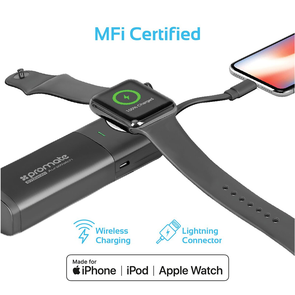 Picture of Promate Apple Watch Power Bank Charger, Apple MFi Certified 6700mAh Charger Battery Pack for Apple Watch with Built-In Lightning Cable and Ultra-Fast USB Port for Apple Watch 40mm 38mm 42mm 44mm Series 1 2 3 4 5 iPhone, Samsung, AuraWatch