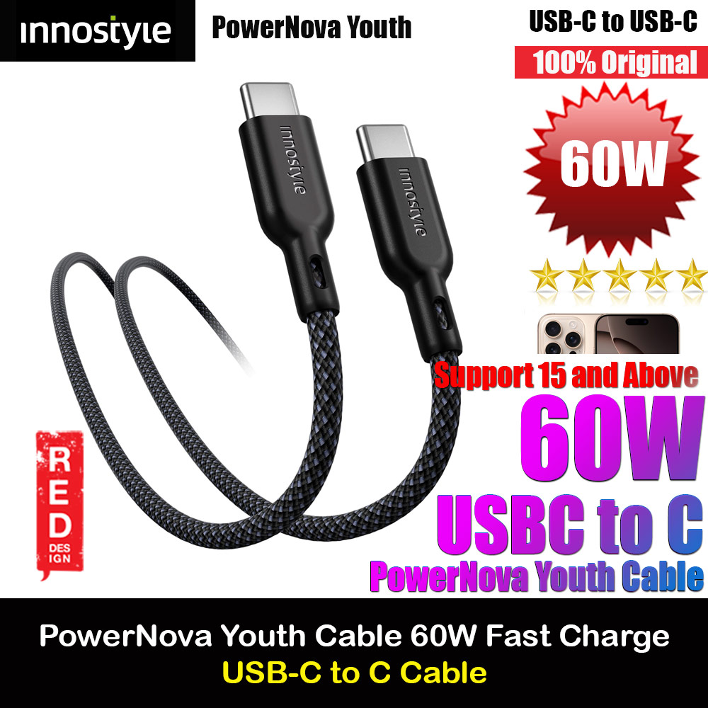 Picture of Innostyle PowerNova Youth 60W Fast Charging Data Cable USB-C to USB-C 150cm (Black) Red Design- Red Design Cases, Red Design Covers, iPad Cases and a wide selection of Red Design Accessories in Malaysia, Sabah, Sarawak and Singapore 