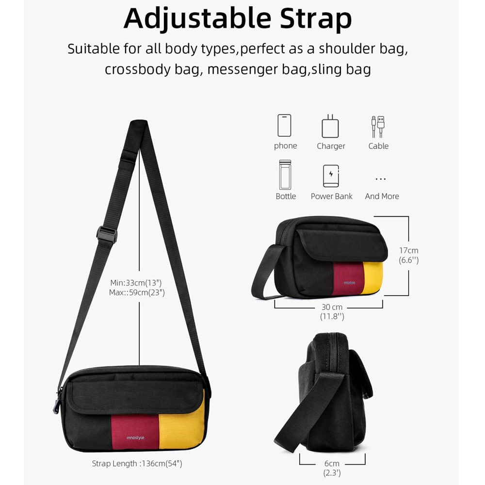 Picture of Innostyle VersaSling Crossbody Shoulder Bag Pack Casual Bag Water Resistant Messenger for Women Men with Adjustable Strap (Black Red Yellow)