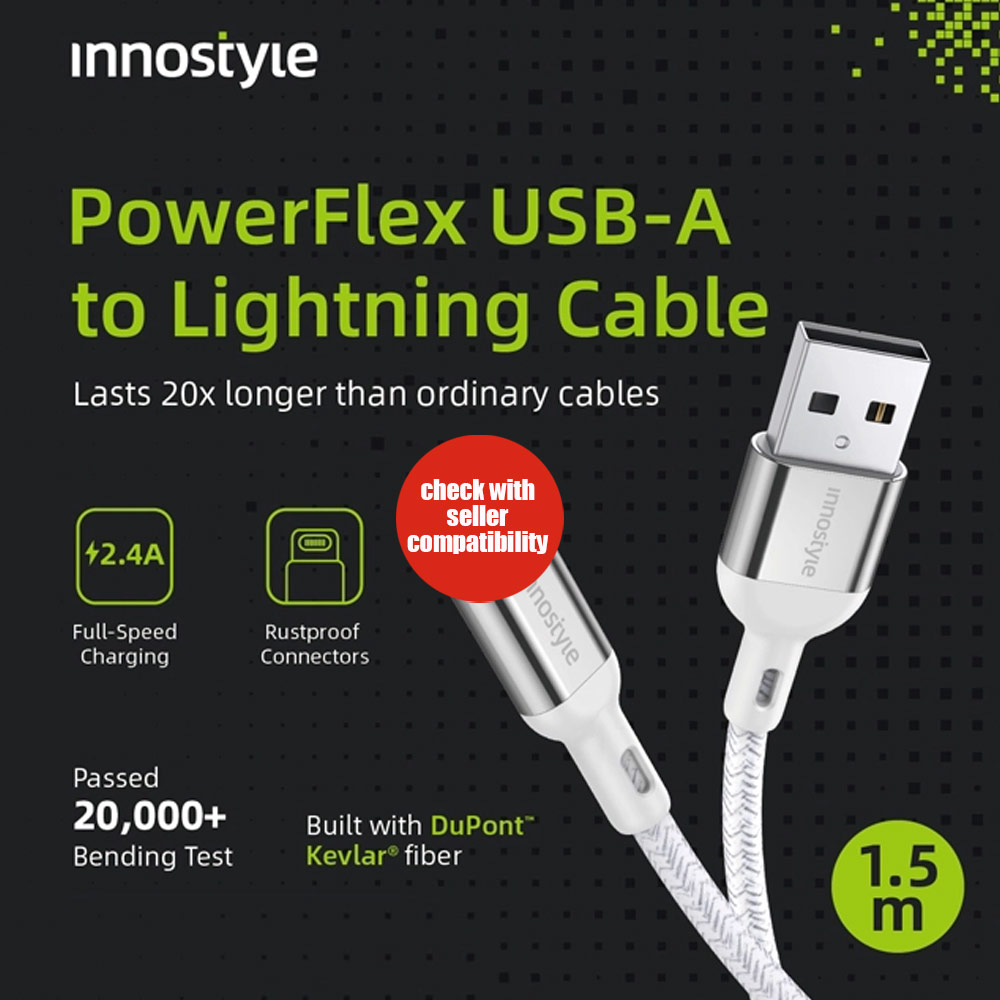 Picture of Innostyle MFI Certified PowerFlex 12W Fast Charging Data Cable USB-A to Lightning 150cm (Silver)