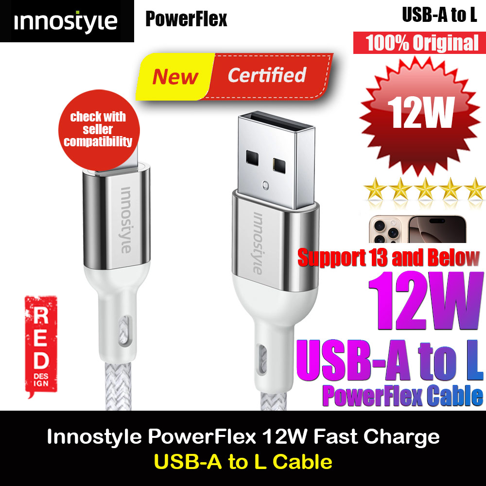 Picture of Innostyle MFI Certified PowerFlex 12W Fast Charging Data Cable USB-A to Lightning 150cm (Silver) Red Design- Red Design Cases, Red Design Covers, iPad Cases and a wide selection of Red Design Accessories in Malaysia, Sabah, Sarawak and Singapore 