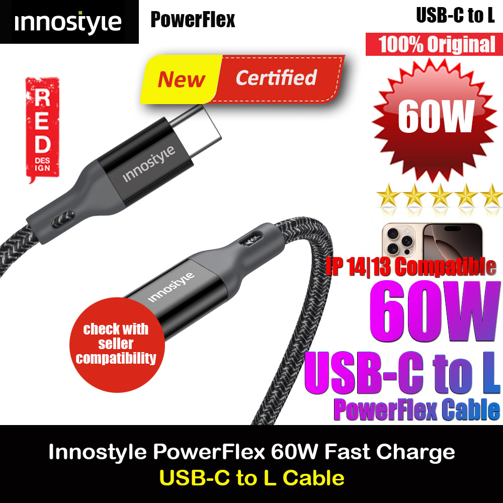 Picture of Innostyle MFI Certified PowerFlex 60W Fast Charging Data Cable USB-C to Lightning 150cm (Black) Red Design- Red Design Cases, Red Design Covers, iPad Cases and a wide selection of Red Design Accessories in Malaysia, Sabah, Sarawak and Singapore 