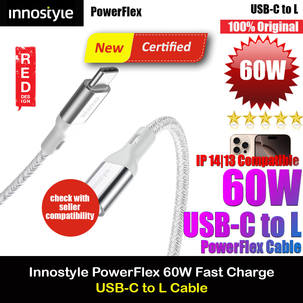 Picture of Innostyle MFI Certified PowerFlex 60W Fast Charging Data Cable USB-C to Lightning 150cm (Silver) Red Design- Red Design Cases, Red Design Covers, iPad Cases and a wide selection of Red Design Accessories in Malaysia, Sabah, Sarawak and Singapore 