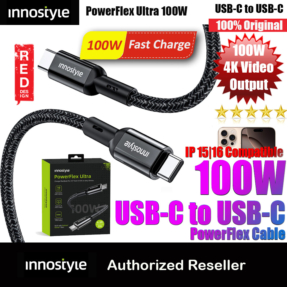 Picture of Innostyle PowerFlex Ultra 100W Fast Charging Data Cable 4K Video Support USB-C to USB-C 200cm (Black) Red Design- Red Design Cases, Red Design Covers, iPad Cases and a wide selection of Red Design Accessories in Malaysia, Sabah, Sarawak and Singapore 