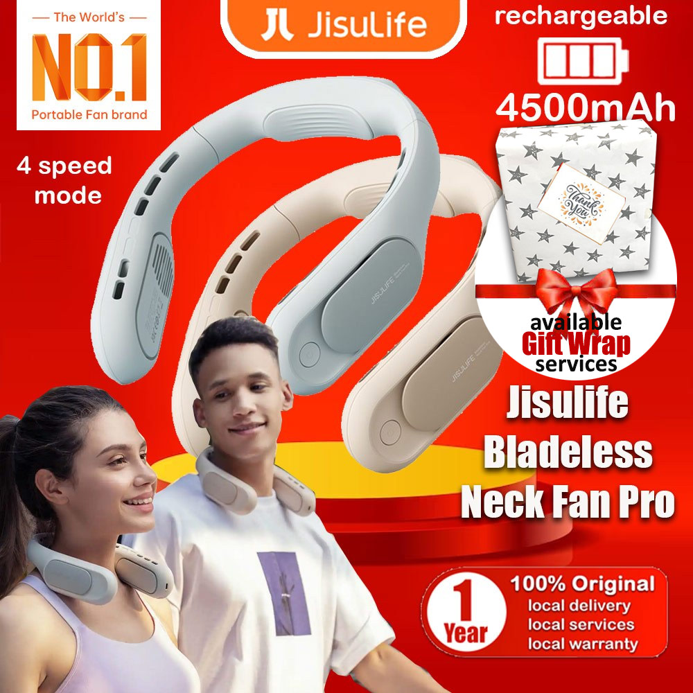 Picture of JISULIFE Portable Turbo Dual Air Neck Fan Pro Hands Free Bladeless Fan 4500 mAh Battery Operated Wearable Personal Fan Rechargeable Long Hours Fan for Running Badminton Indoor Court Concert Picnic Camping Outdoor Activity FA35 (Grey)