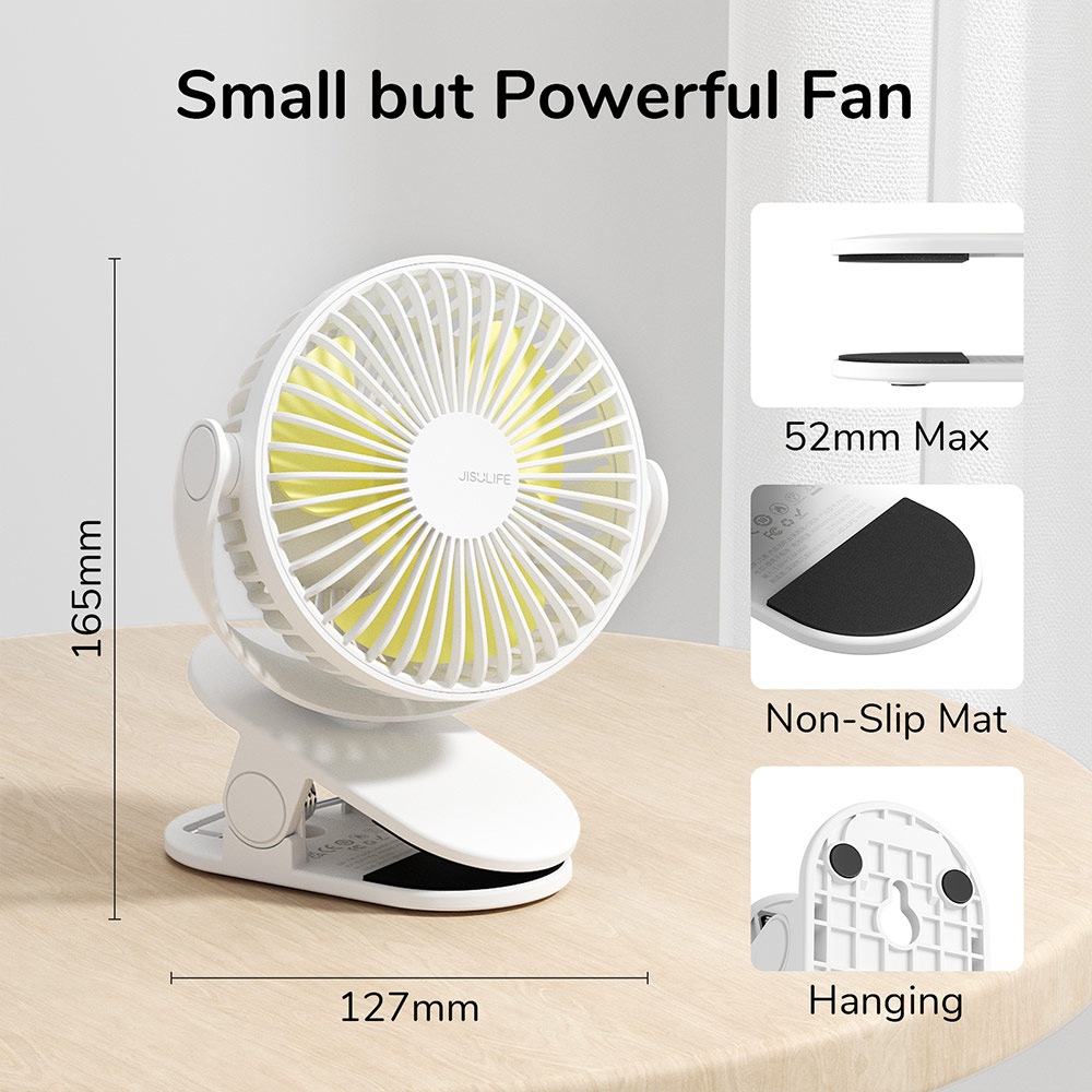 Picture of Jisulife Child Safe Low Noise Removeable Washable 360 Rotatable 4 Speed Mode Desktop Hang Clip Fan Rechargeable 4000mAh For Home Office Outdoor Travel Portable Children Baby Stroller FA29A (White)