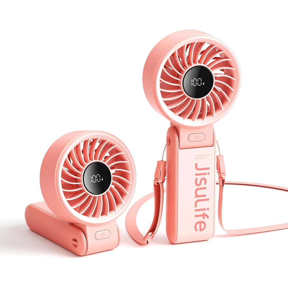 Picture of Jisulife 3 in 1 Handheld Fan Life7 Powerful Portable Fan with LED Display Foldable as Desk Fan Hangable as Neck Fan (5000mAh Pink)