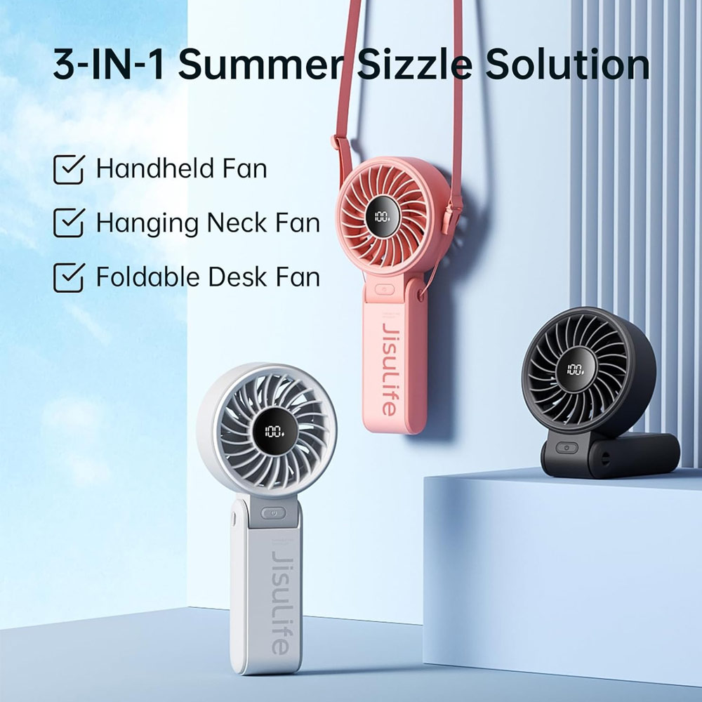 Picture of Jisulife 3 in 1 Handheld Fan Life7 Powerful Portable Fan with LED Display Foldable as Desk Fan Hangable as Neck Fan (5000mAh Pink)