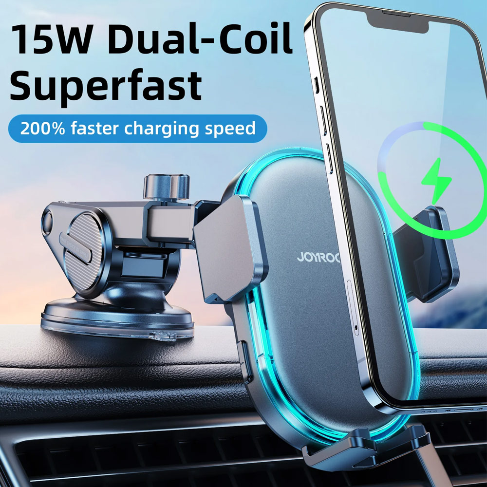 Picture of Joyroom Qi 15W Dual Coil Super Fast Wireless Car Charger Auto Lock Adjustable Extendable Car Mount Phone Holder Dashboard Car Mount Windscreen Car Mount  (Black)