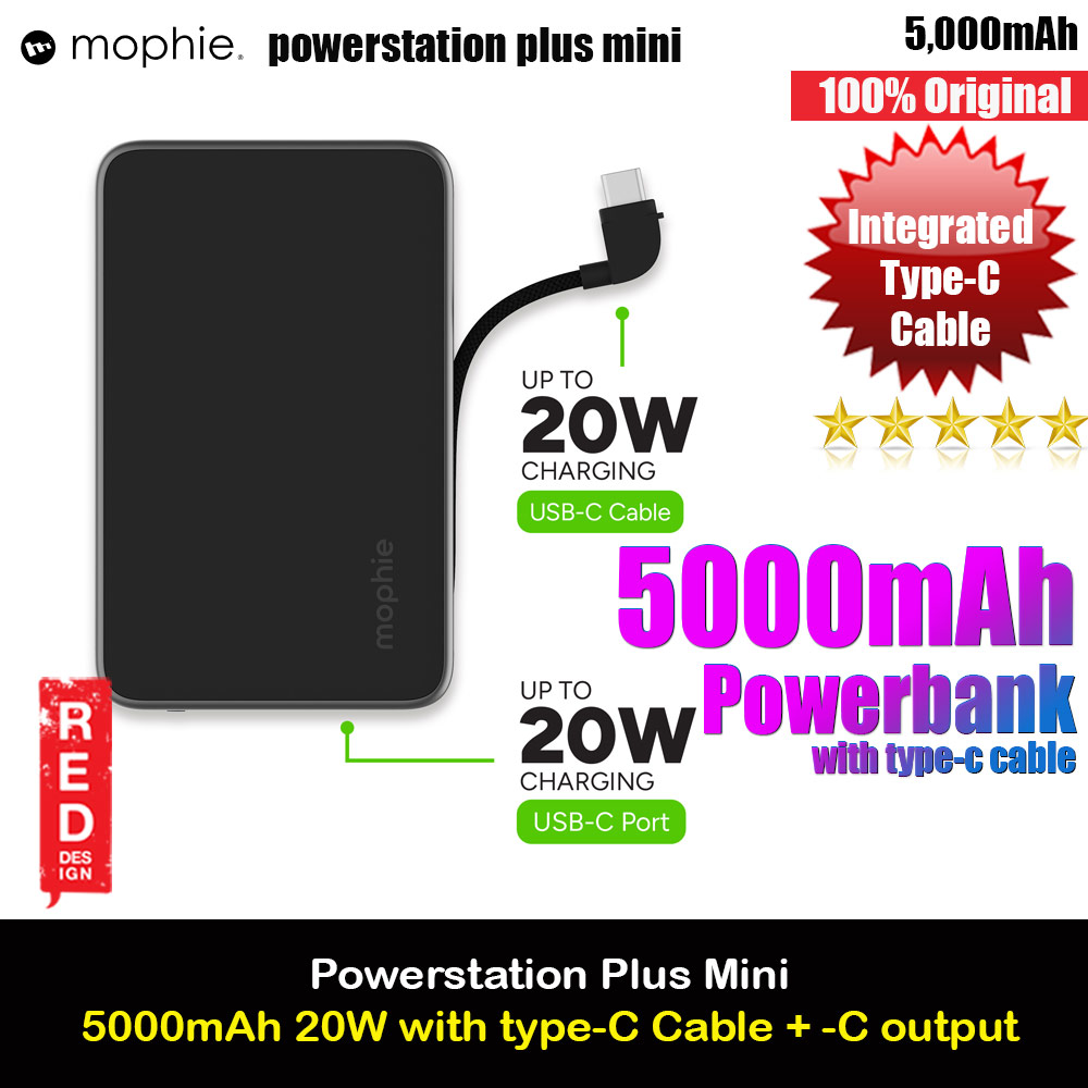 Picture of Mophie Powerstation Plus Mini 5000mah 20W Fast Charge with USB C Output Built in Type C Cable (Black) Red Design- Red Design Cases, Red Design Covers, iPad Cases and a wide selection of Red Design Accessories in Malaysia, Sabah, Sarawak and Singapore 