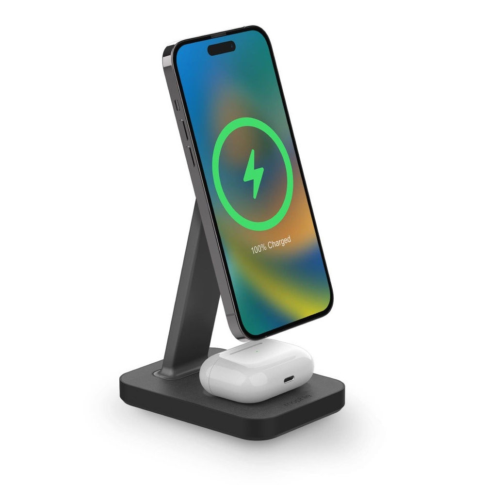 Picture of Apple iPhone 13 6.1 | Mophie Snap Stand Pad 15W Magnetic Wireless Stand wireless charging stand compatible with snap and MagSafe for Smartphones iPhone Google Pixel Samsung Galaxy Qi-enabled Devices (Black)