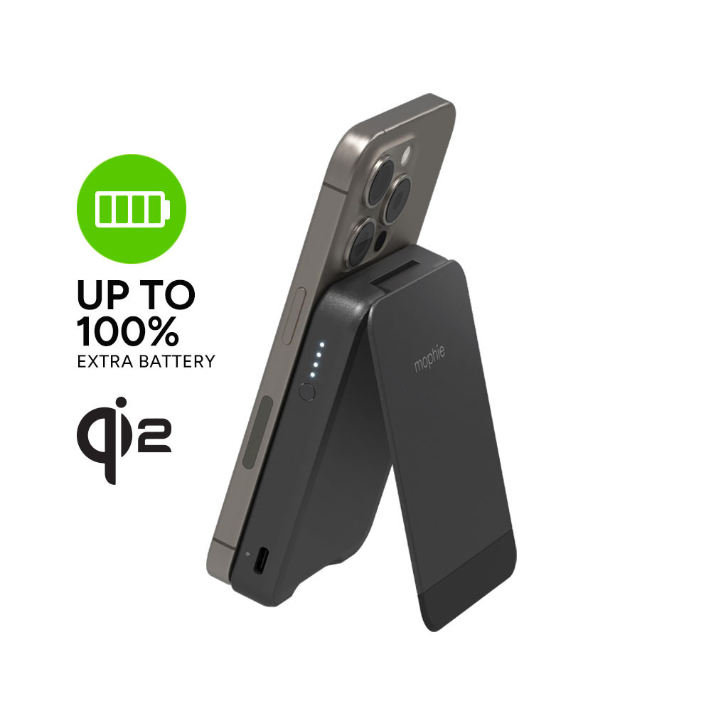 Picture of Mophie Snap+ Magnetic Charge Wireless Powerbank Powerstation Mini with Stand 5000mah 15W Max Fast Charge Qi 2 with USB C Input Output (Black)