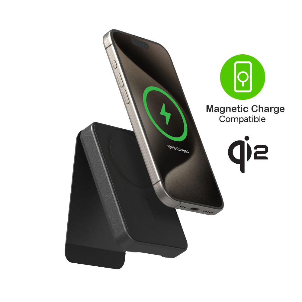 Picture of Mophie Snap+ Magnetic Charge Wireless Powerbank Powerstation Mini with Stand 5000mah 15W Max Fast Charge Qi 2 with USB C Input Output (Black)