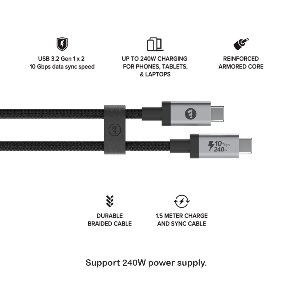 Picture of Mophie 240W 10Gbps Data Sync Durable Braided Outer Cabe USB 3.2 USB-C to USB-C Cable 150cm