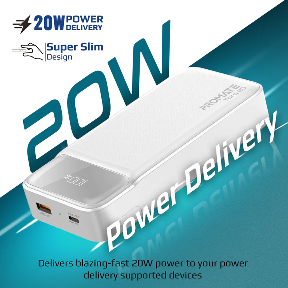 Picture of Promate 20000mAh Power Bank Powerbank 20W Power Delvey USB-C 18W QC3 USB-A with Kickstand Torq-20 (White)