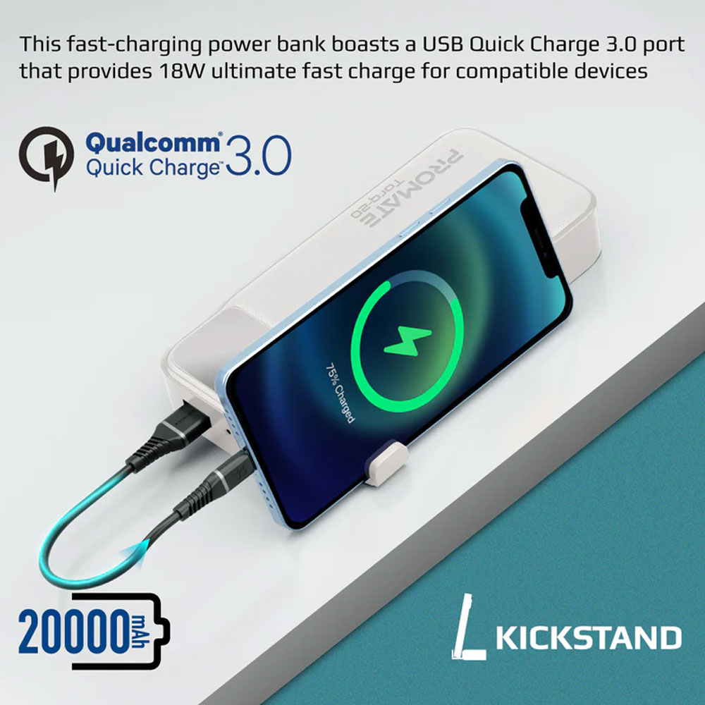 Picture of Promate 20000mAh Power Bank Powerbank 20W Power Delvey USB-C 18W QC3 USB-A with Kickstand Torq-20 (White)