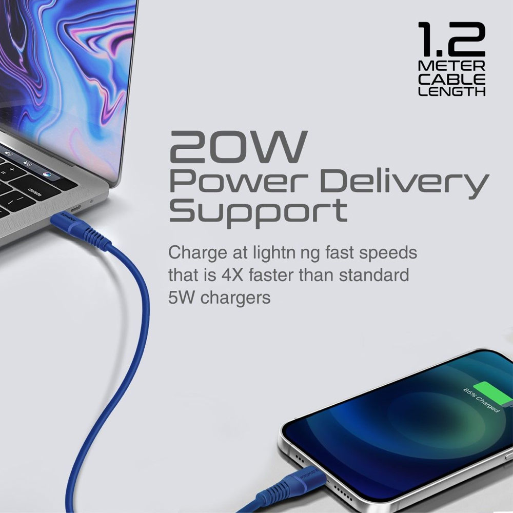 Picture of Promate Ultra Fast USB C to Lightning 20W Fast Charging Soft Silicone cable for iPhone 13 Pro Max IPad Airpods Pro PowerLine-Ci120 (Blue)
