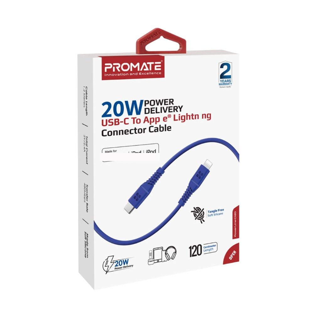 Picture of Promate Ultra Fast USB C to Lightning 20W Fast Charging Soft Silicone cable for iPhone 13 Pro Max IPad Airpods Pro PowerLine-Ci120 (Blue)
