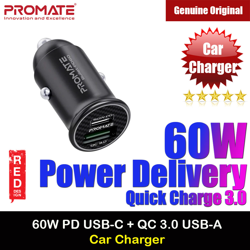 Picture of Promate 60W USB-C™ Car Charger Super-Fast Type-C™ Power Delivery Car Charger with 18W Quick Charge 3.0 USB A Aluminum Alloy and Over Charging Protection for MacBook Laptops iPhone Bullet-PD60 Red Design- Red Design Cases, Red Design Covers, iPad Cases and a wide selection of Red Design Accessories in Malaysia, Sabah, Sarawak and Singapore 