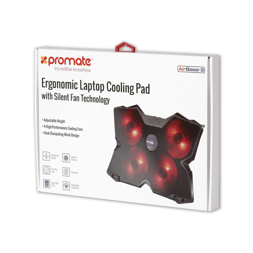 Picture of Promate Gaming Laptop Cooling Pad, Ergonomic High-Speed Laptop Cooling Pad with 4 Silent Cooling Fan, Dual USB Port, Adjustable Height LED Speed Display, Cable Organizer and Ani-Slip Grip for Laptops up to 17 Inch AirBase-3