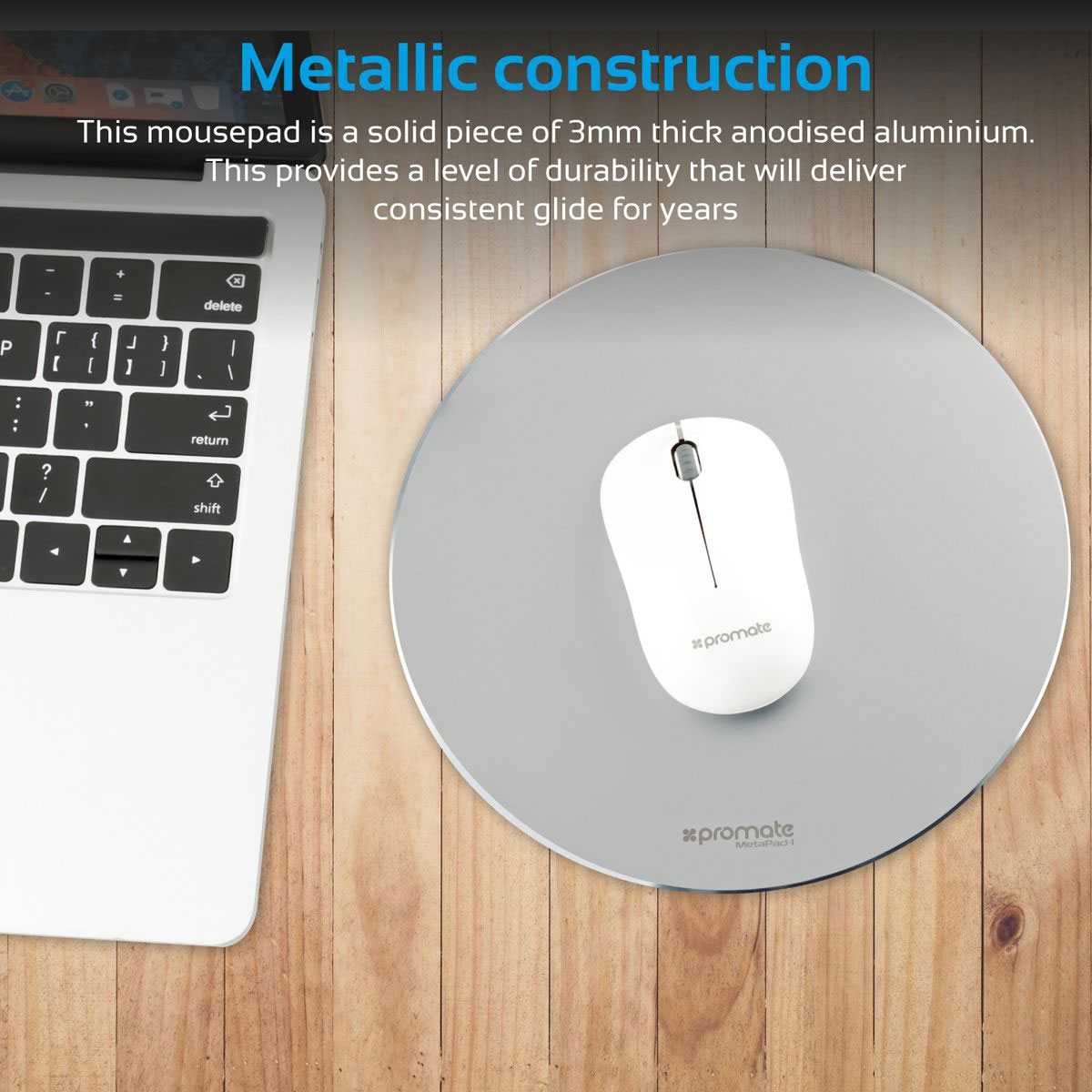 Picture of Promate Mouse Pad High-Quality Ergonomic Aluminium Mouse Pad with Non-Slip Rubber Base and Anti-Stain High Accuracy Optimized Tracking for iMac MacBook Pro Laptops PC Any Optical Laser Mice MetaPad-1 Silver