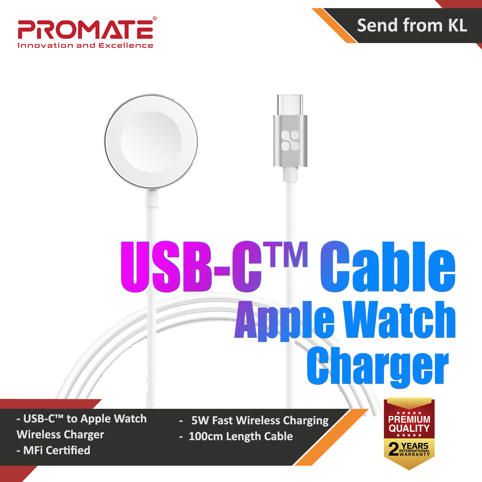 Picture of Promate Apple Watch Charger to USB-C™ Cable Fast Charging 5W Apple MFi Certified Magnetic Wireless Charging Cord with Anti-Tangle 100cm Cord and Over-Heating Protection for Apple Watch Series 7 8 6 5 4 3 2 1  AuraCord-C Apple Watch 38mm- Apple Watch 38mm Cases, Apple Watch 38mm Covers, iPad Cases and a wide selection of Apple Watch 38mm Accessories in Malaysia, Sabah, Sarawak and Singapore 