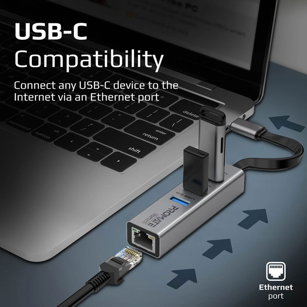 Picture of Promate Multiport USB-C Hub with 1000Mbps RJ45 Ethernet Adapter 3 USB3.0 Ports 5Gbps Speed GigaHub-C for MacBook Pro Air