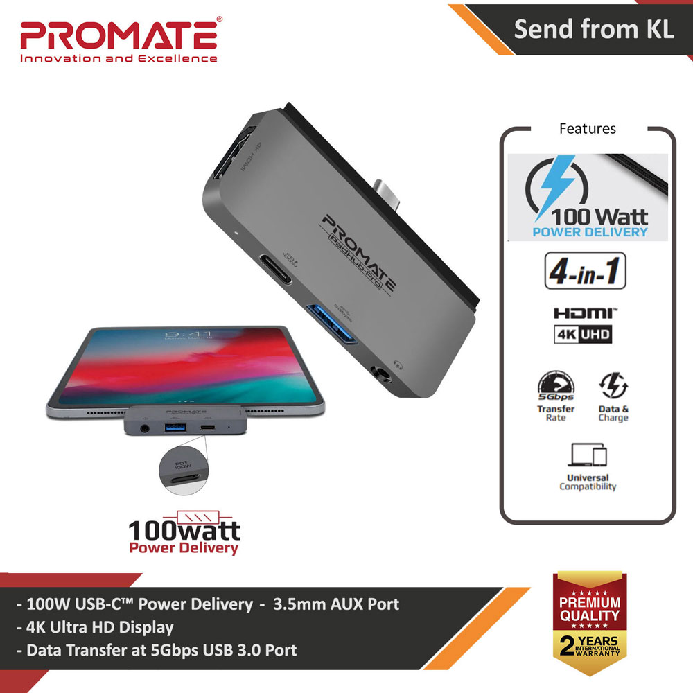 Promate 9-in-1 Multiport USB-C Hub with 100W Power Delivery, 4K