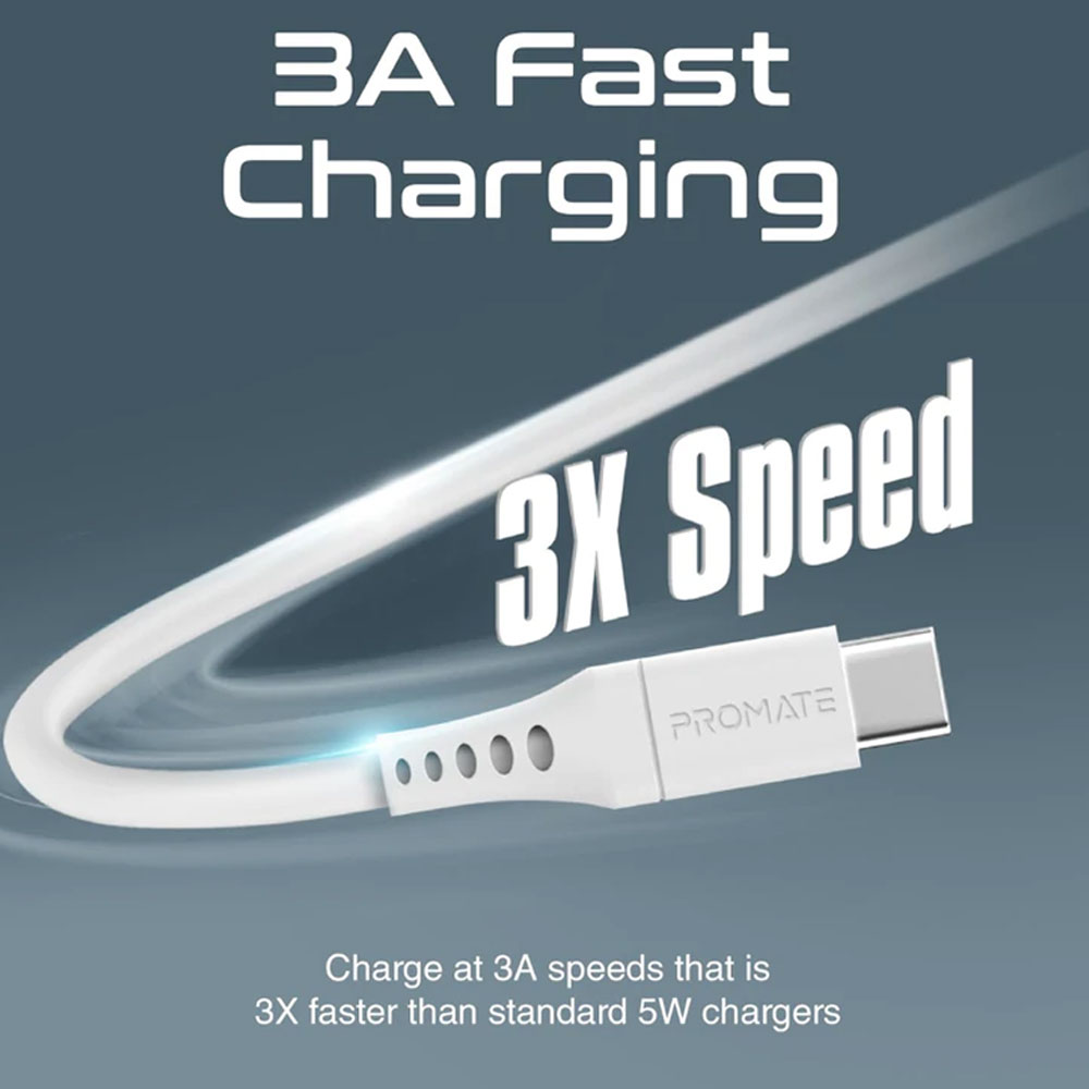 Picture of Promate Ultra Fast USB A to USB C 3A Fast Charging Soft Silicone cable for Smartphones Tablets Galaxy S22 Ultra Vivo Huawei Oppo (White)