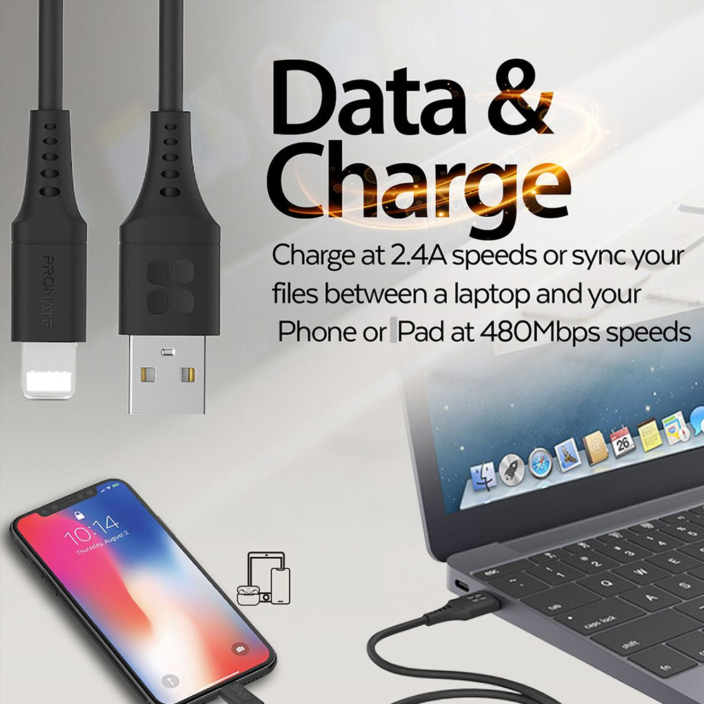 Picture of Promate USB A to Lightning 2.4A Fast Charging Soft Silicone Cable for iPhone 13 Pro Max IPad Airpods Pro PowerLink-Ai120 (Black)