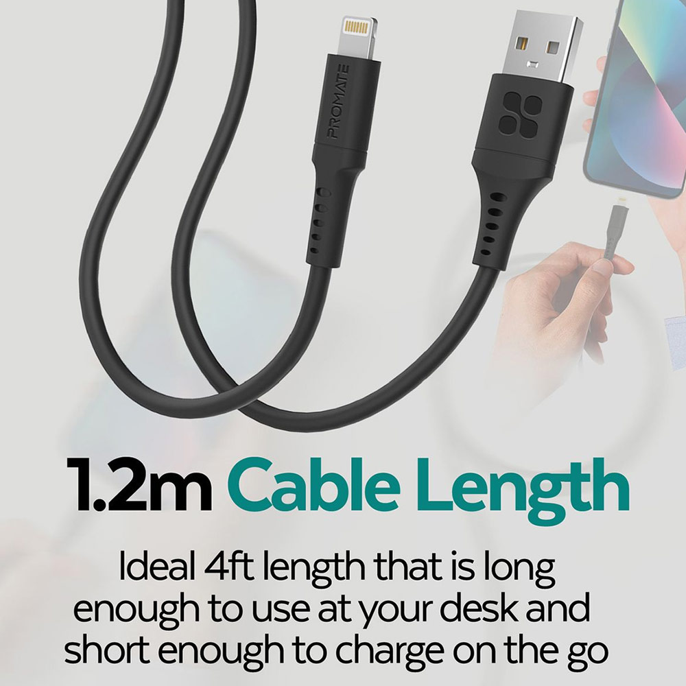 Picture of Promate USB A to Lightning 2.4A Fast Charging Soft Silicone Cable for iPhone 13 Pro Max IPad Airpods Pro PowerLink-Ai120 (Black)