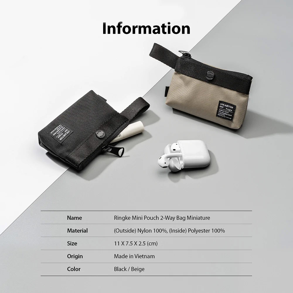 Picture of Ringke Mini Pouch 2 Way Bag Miniature with Zipper Closure with Carabiner for Small Gadgets (Black)