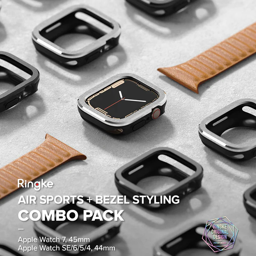 Picture of Apple Watch 45mm Case | Ringke Air Sports Soft Bumper Case and Aluminum Bezel for Apple Watch 45mm 44mm Case and Bezel (Black Black)