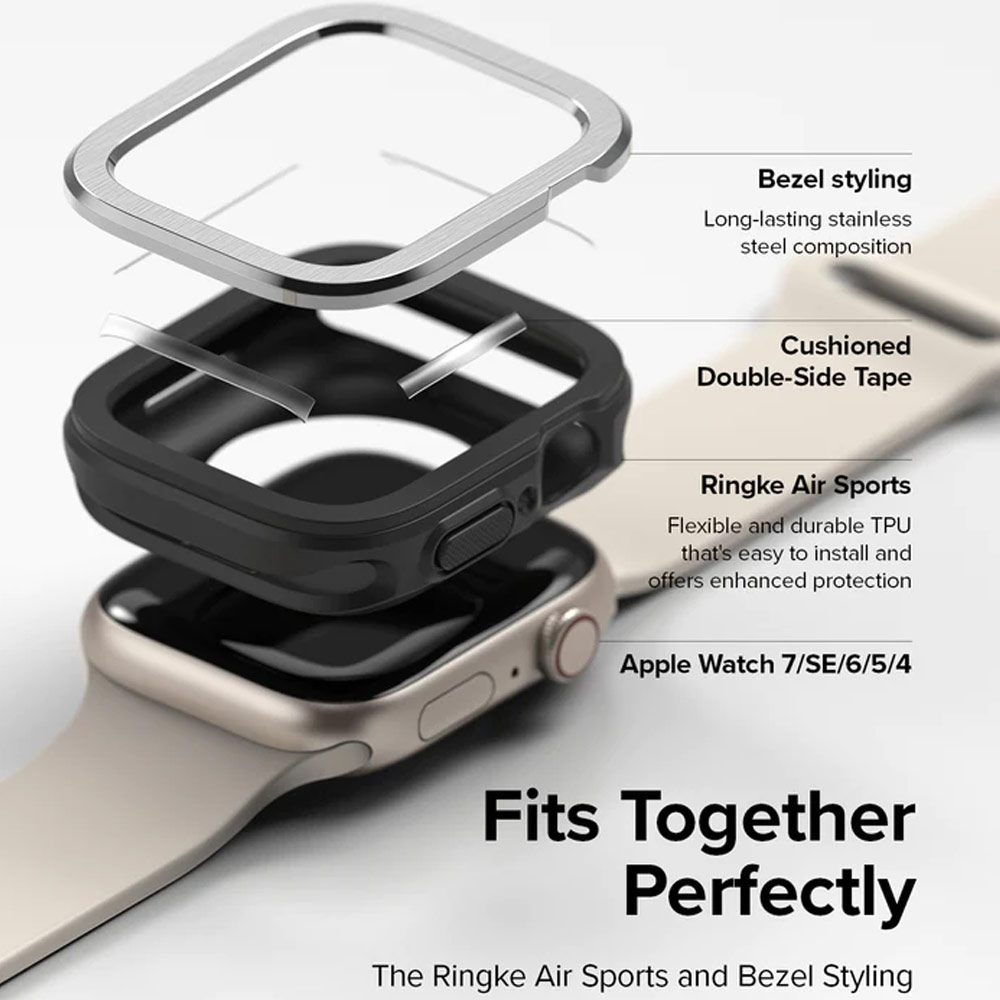 Picture of Apple Watch 45mm Case | Ringke Air Sports Soft Bumper Case and Aluminum Bezel for Apple Watch 45mm 44mm Case and Bezel (Black Black)