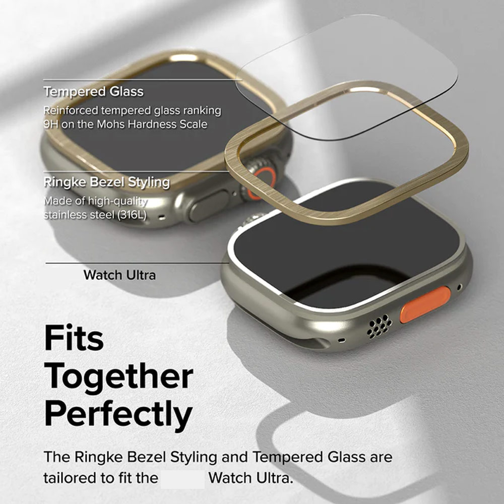 Picture of Apple Watch 49mm Ultra Screen Protector | Ringke Bezel and Tempered Glass Screen Protector Combo for Apple Watch Series 8 Ultra 49mm (49-05 Gold)