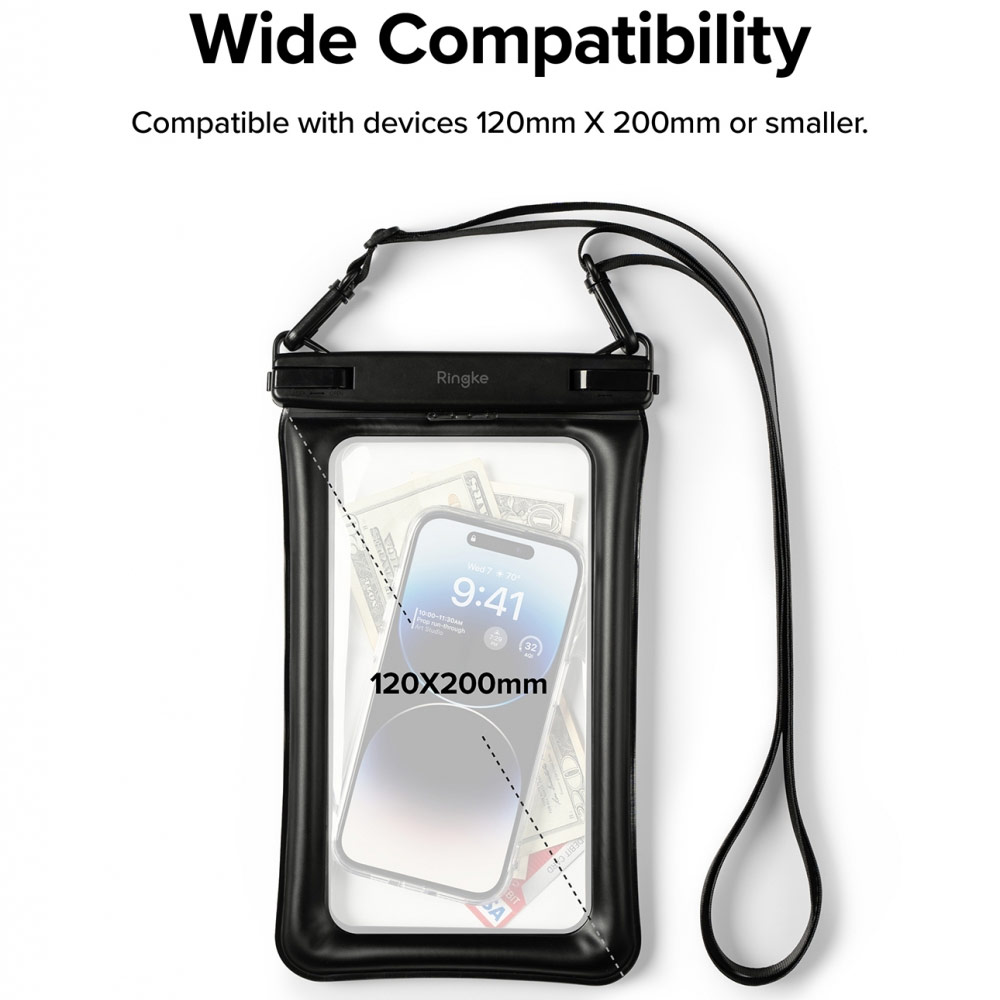 Picture of Ringke IP8X Air Pocket Floating Waterproof Pouch Transparent Storage Bag with Strap for Smartphone (Black)