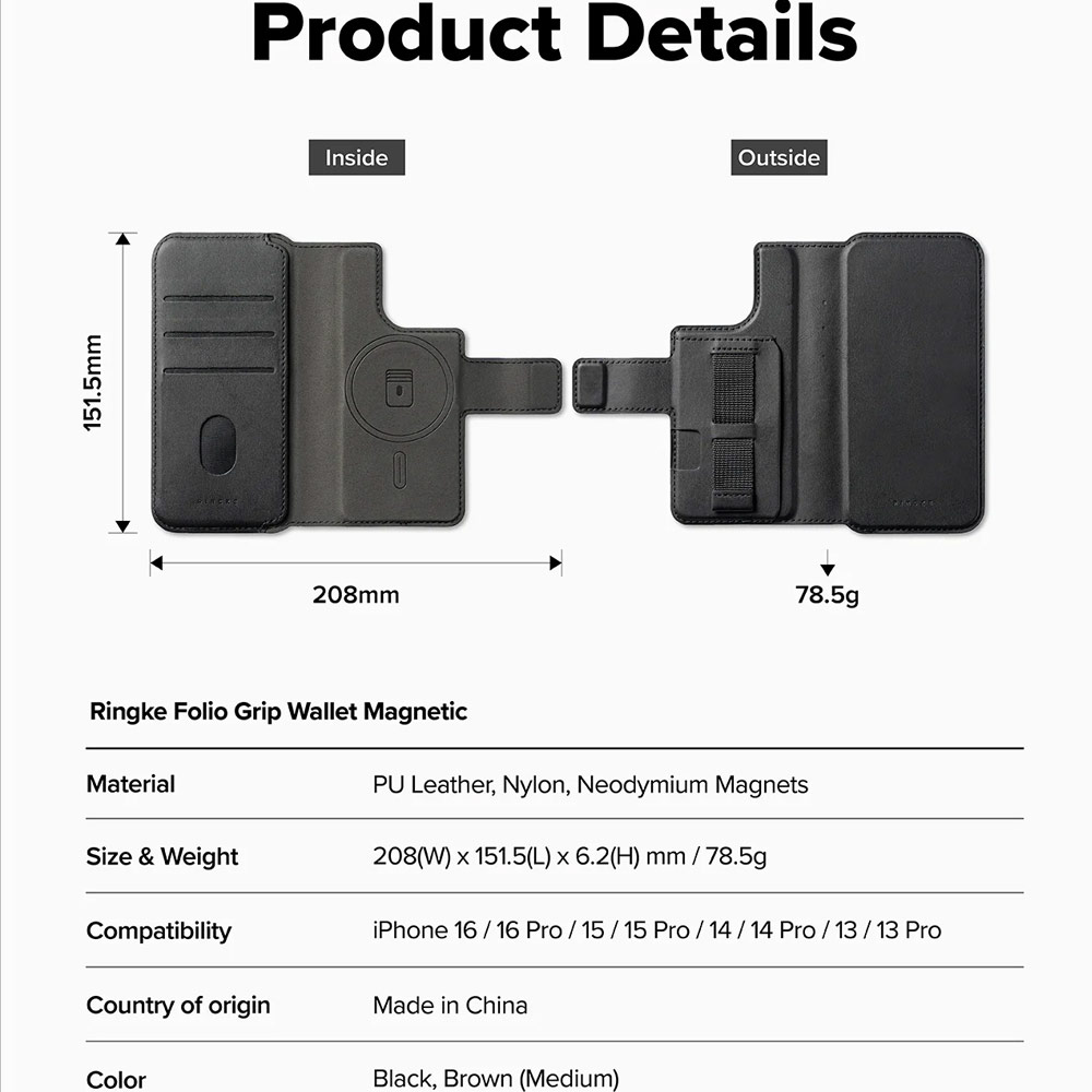 Picture of Apple iPhone 15 6.1  | Ringke Folio Grip Wallet Magnetic Flip Cover Card Holder for iPhone 16 Pro iPhone 16  (Black)