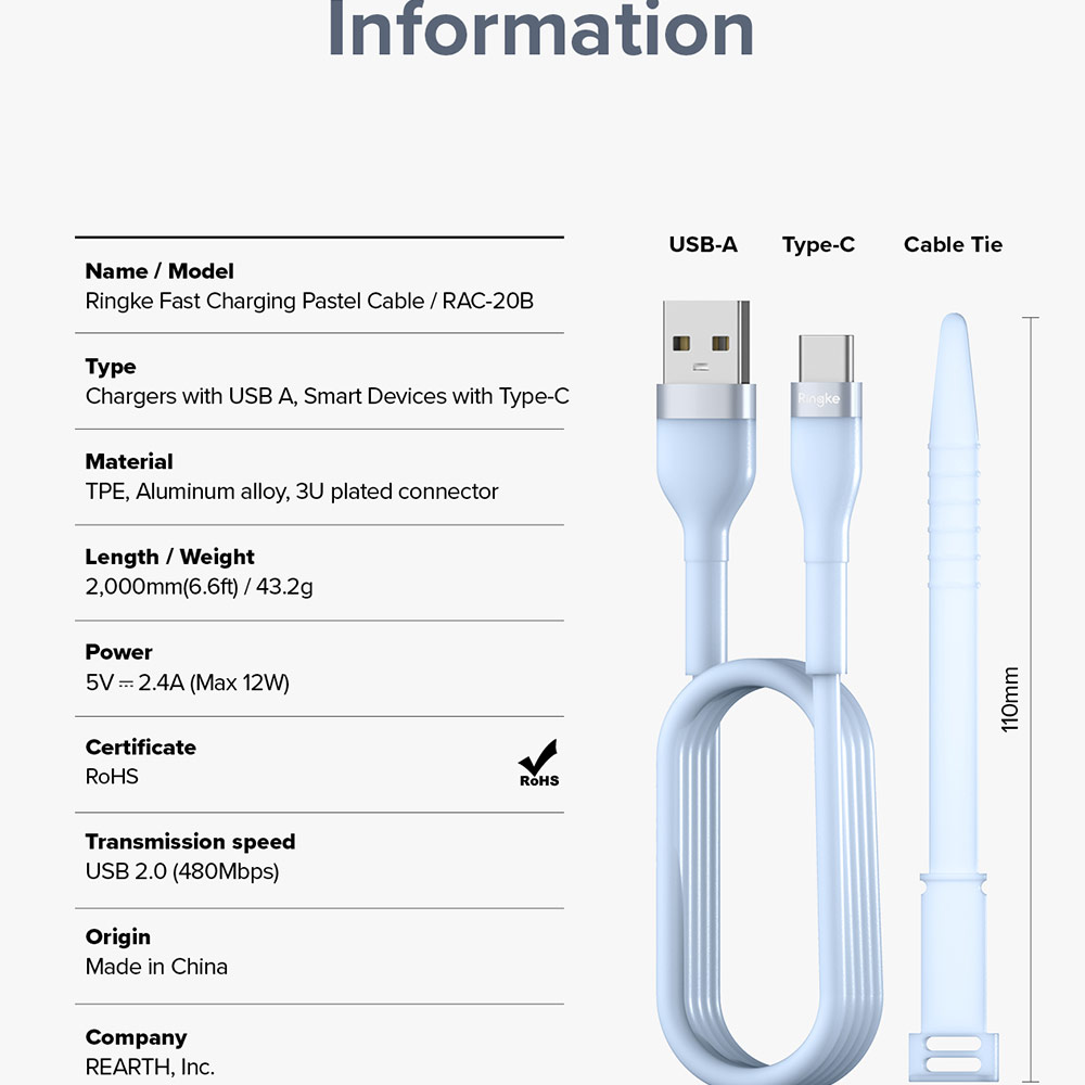 Picture of Ringke Pastel TPE Durable Cable with Cable Tie Organizer QC2.0 Fast Charge USB A to Type C (Blue 200cm)