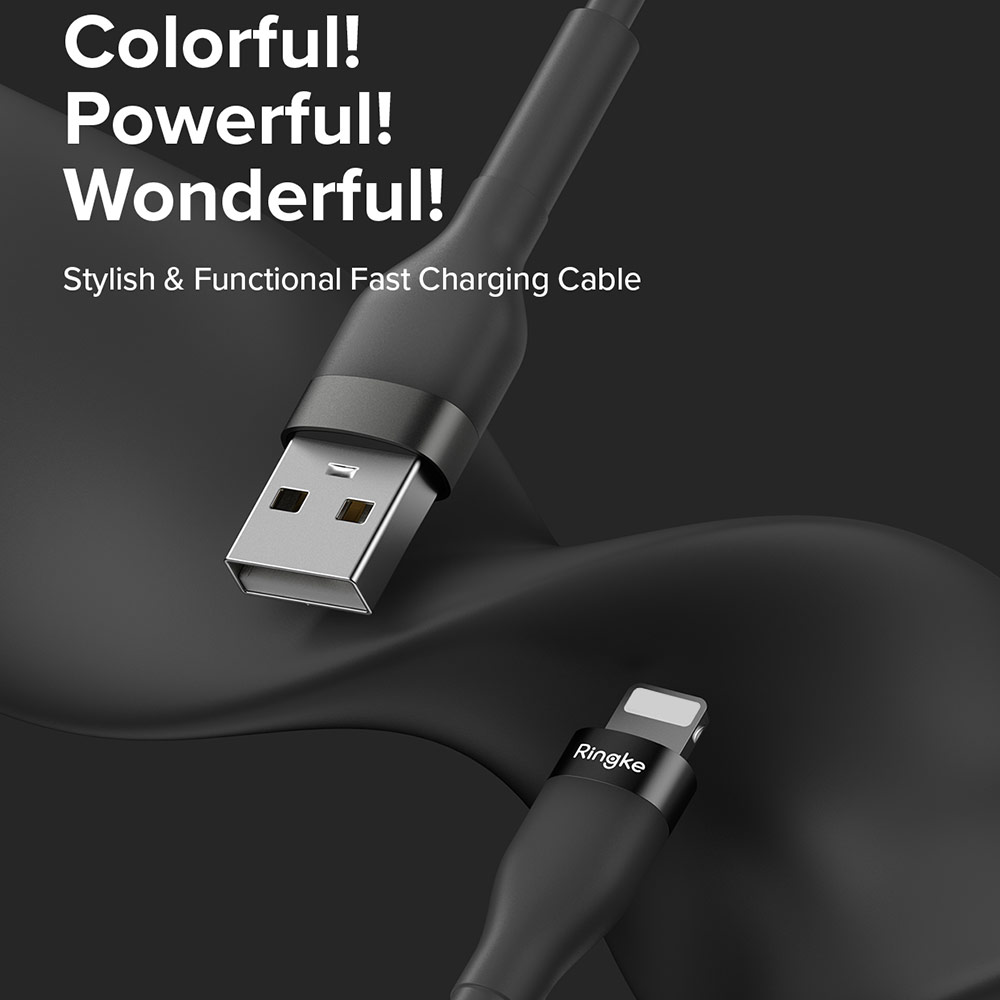Picture of Ringke Pastel TPE Durable Cable with Cable Tie Organizer 2.4A Fast Charge USB A to Lightning (Black 120cm)
