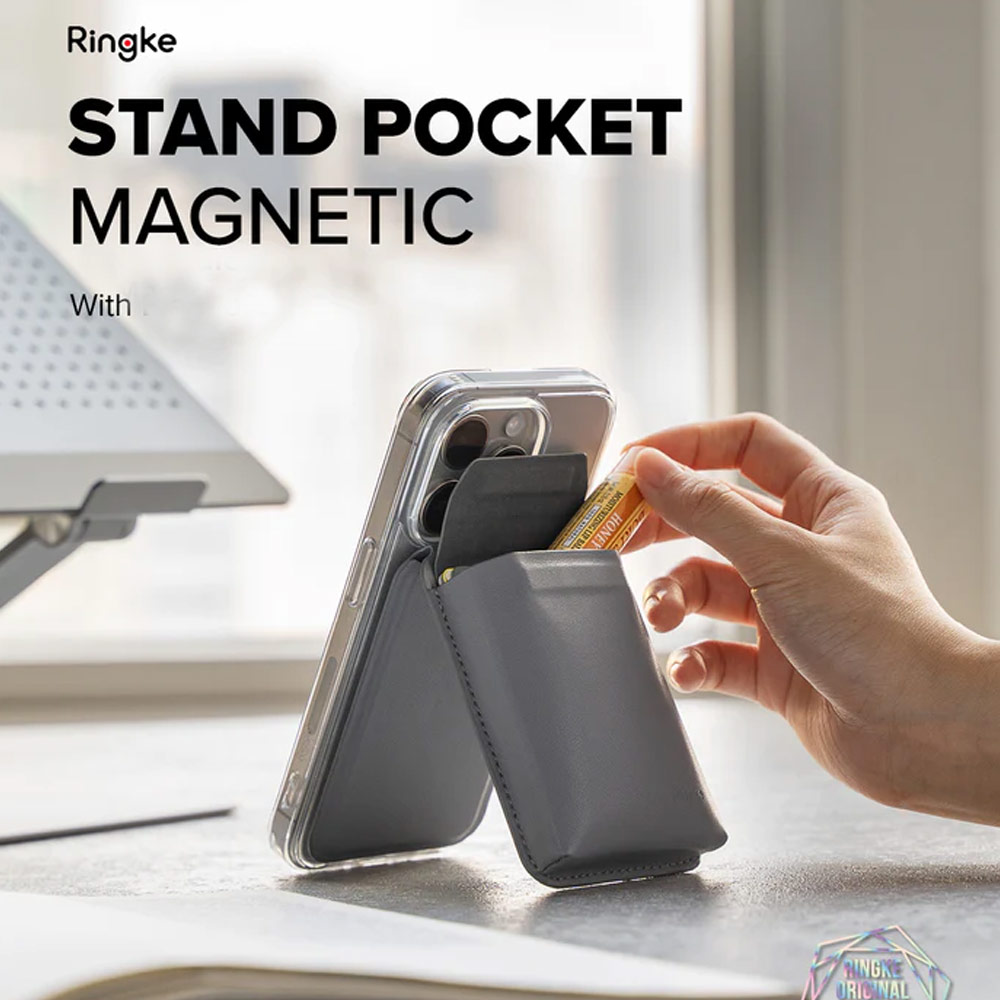 Picture of Apple iPhone 13 6.1  | Ringke Snap Magnetic Stand Pocket Magnetic Stand for iPhone 14 iPhone 15 Pro Max Card Holder Phone Stand (Light Gray)