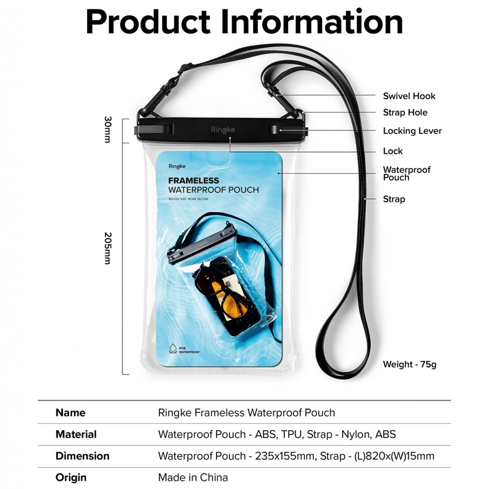 Picture of Ringke IP8X Frameless Waterproof Pouch Transparent Storage Bag with Strap for Smartphone (Black)